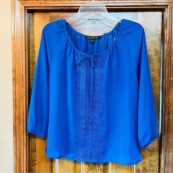 Zac & Rachel Boho Blouse Lace 3/4 Sleeves Blue Sz PXL EUC - Picture 1 of 10